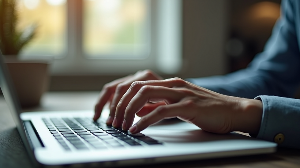 Close-up view of a professional’s hands typing on a laptop keyboard