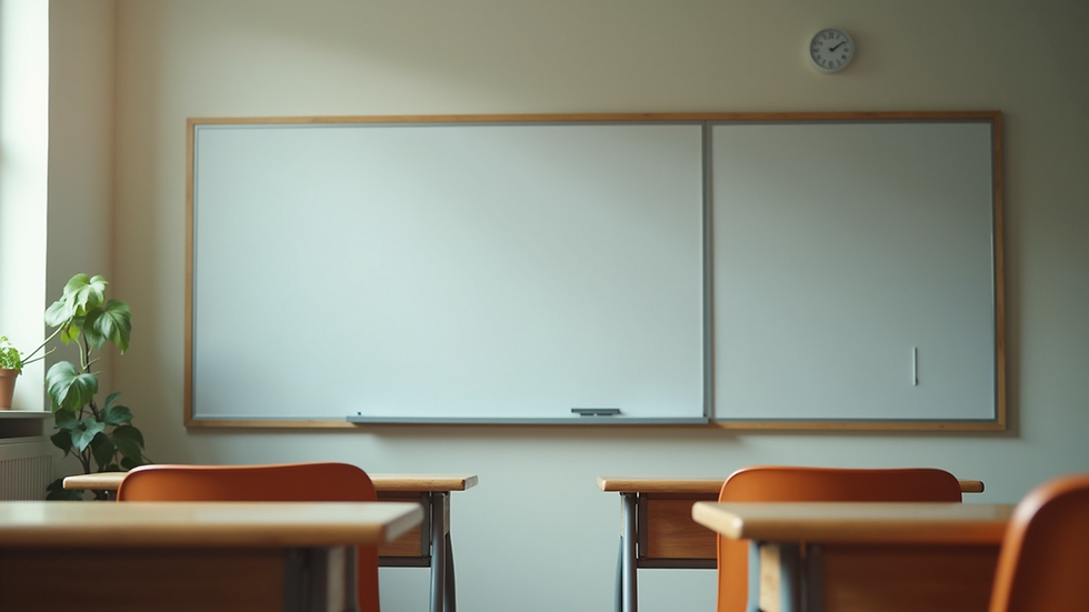 High angle view of a classroom setting with a whiteboard
