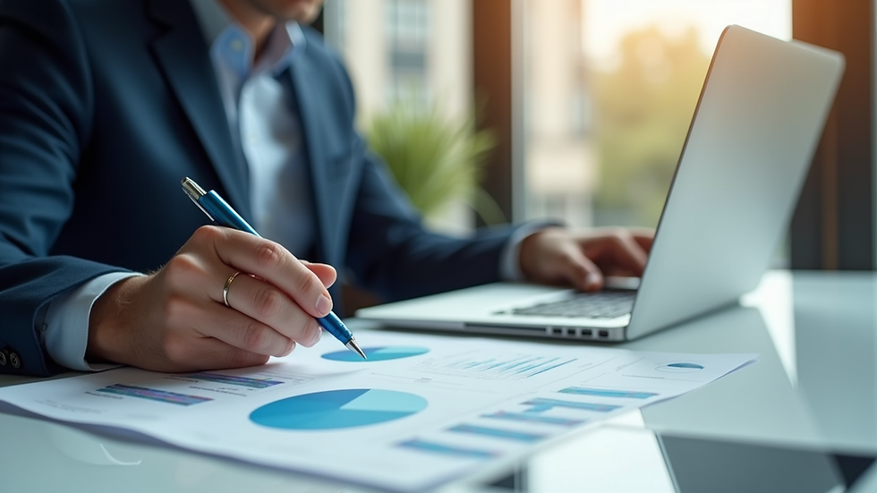 Close-up view of a business consultant reviewing charts and graphs on a laptop