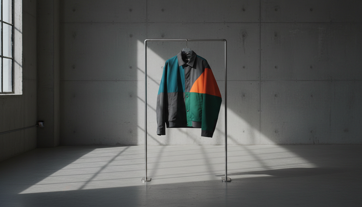 Eye-level view of a limited streetwear jacket on a clean studio rack