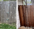 Before and after side-by-side of a stained wooden fence