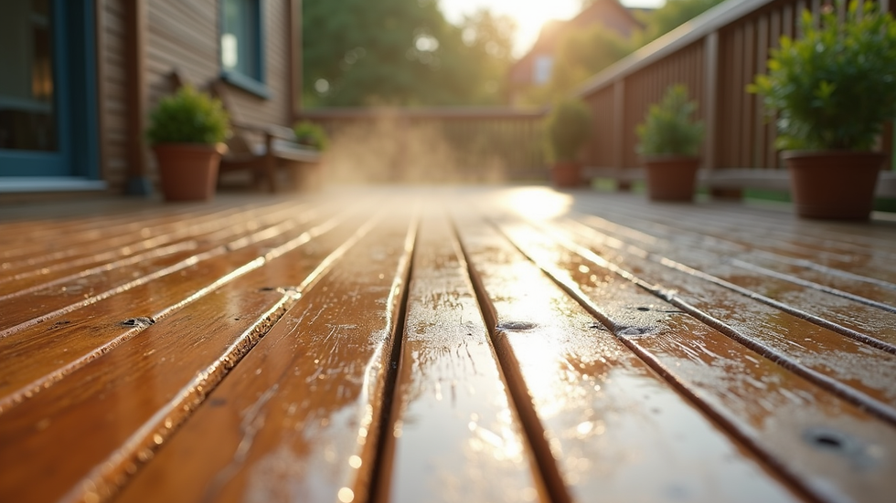 High angle view of a clean wooden deck after pressure washing