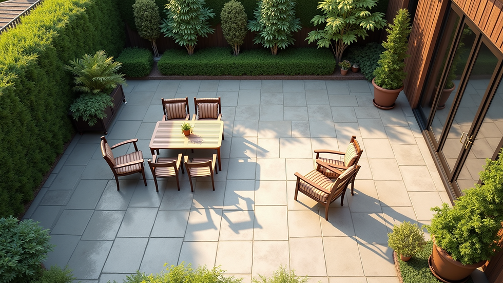 High angle view of a freshly cleaned patio with outdoor furniture