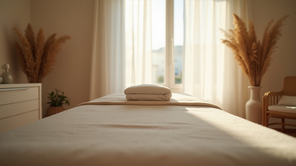 Eye-level view of a calm massage therapy room with a neatly arranged massage table