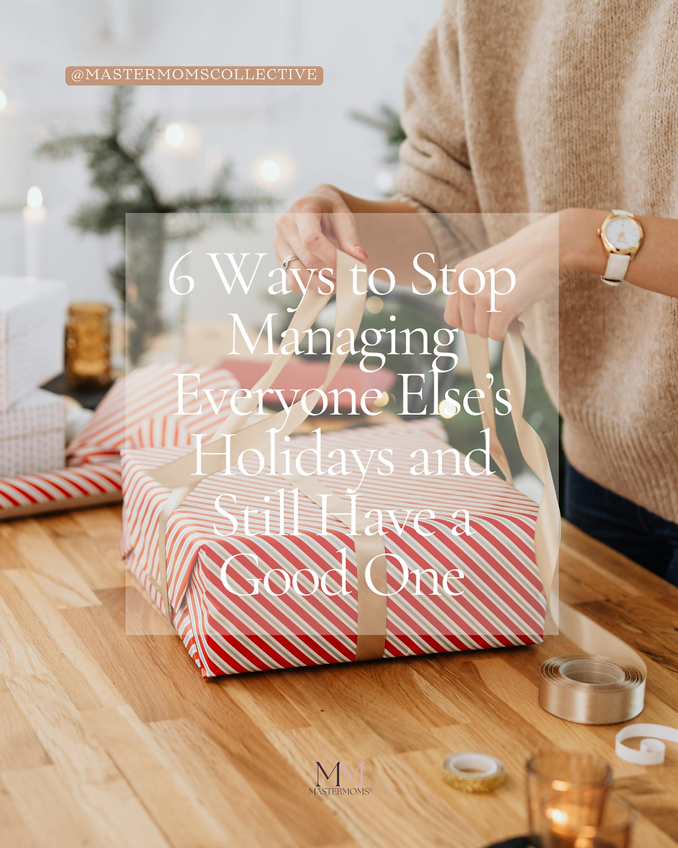 Woman in a beige sweater wrapping gifts in red and white striped paper on a wooden table. Text on image: 6 Ways to Stop Managing Everyone Else’s Holidays and Still Have a Good One. Candles and a pine branch in the background create a cozy holiday atmosphere.