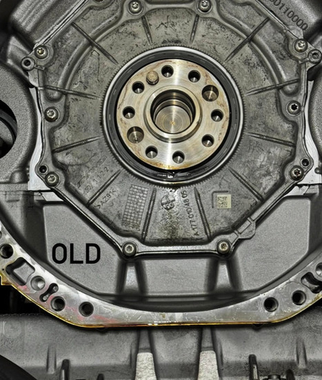 Failed Mercedes M177 rear main seal leaking oil