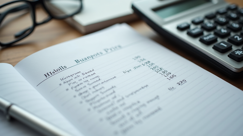 Close-up view of a notebook with budgeting notes and a calculator