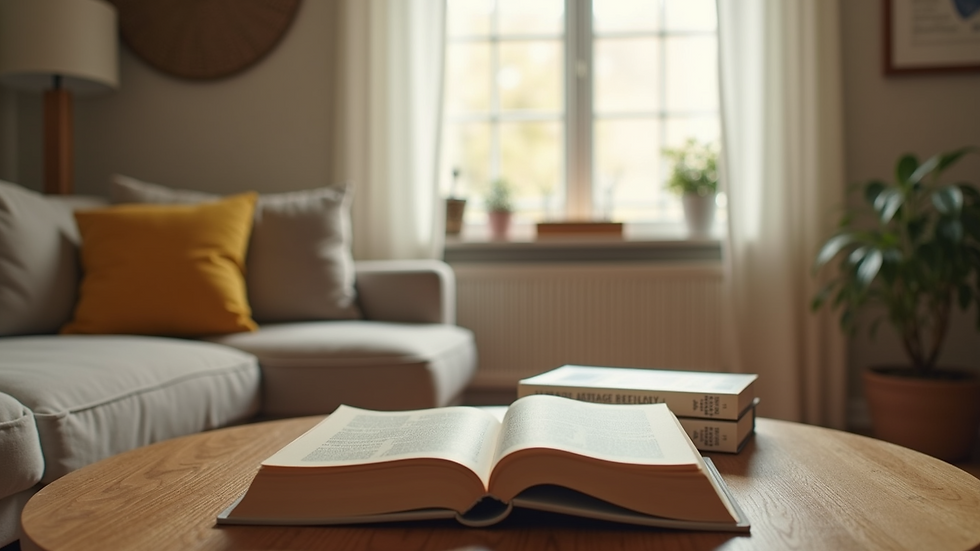 Wide angle view of a cozy living room with breastfeeding books on a coffee table