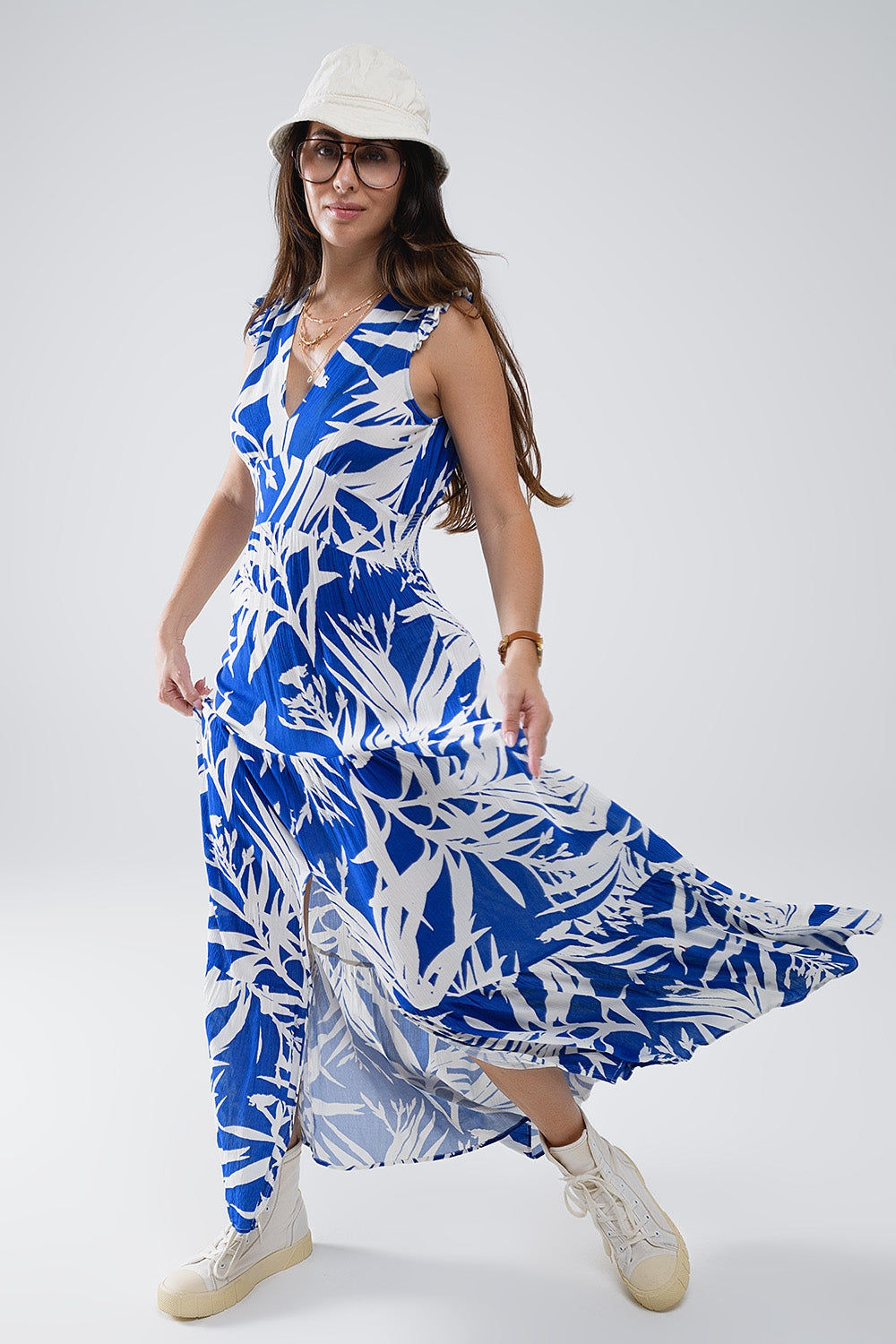 Maxi Tropical Print V-Neck Dress With Slit in Blue