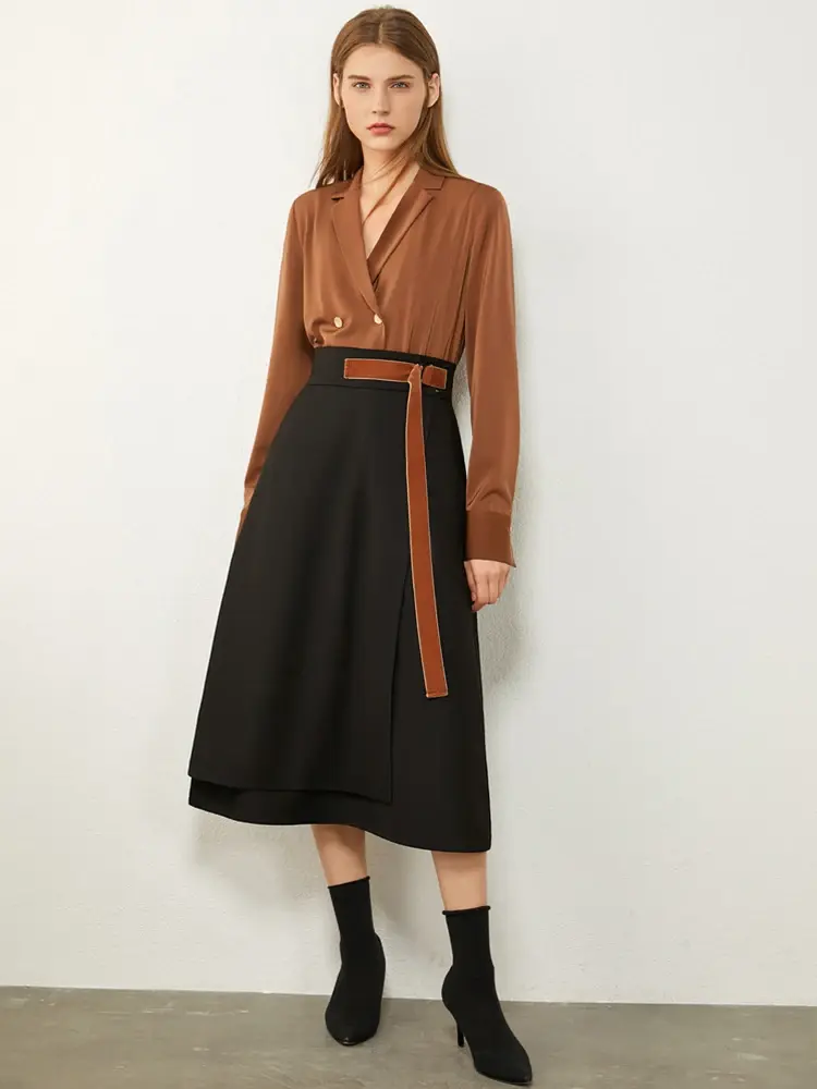 Cusuti High Waist A-Line Skirt Casual Solid Belt Fall Fashion