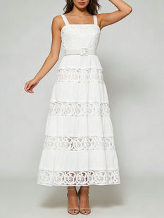 Sleeveless Hollow Out Long Dress, Square Collar Polyester, Solid Pattern A-Line