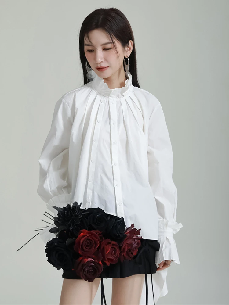 Women White Pleated Irregular Big Size Blouse New Stand Collar Long Sleeve Shir for Women White Pleated Irregular Big Size Blouse New Stand Collar Long Sleeve Shir view 2