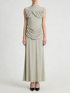 Casual Dress, Shirring Detail, Polyester, A-Line Silhouette, Stand Neck
