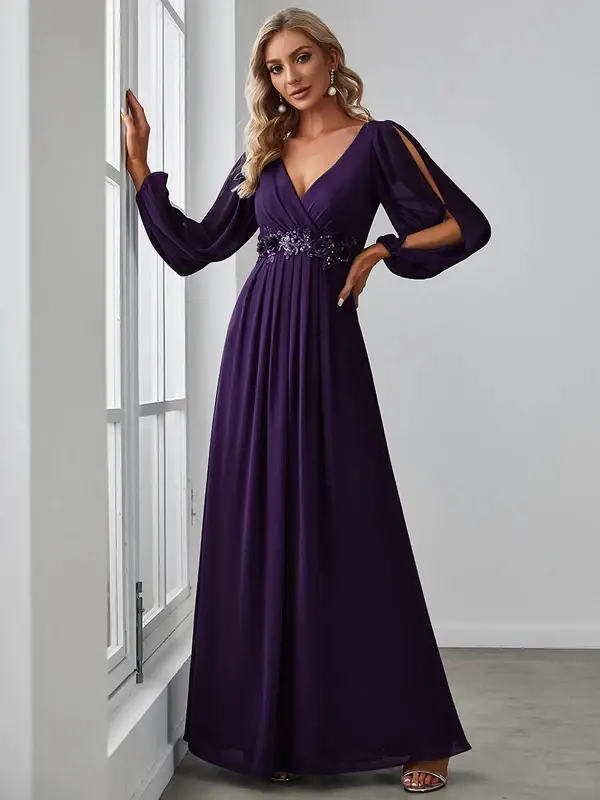 Cusuti Evening Dress- Classic A-Line Chiffon with V-Neck, Lace Appliques & Tassels
