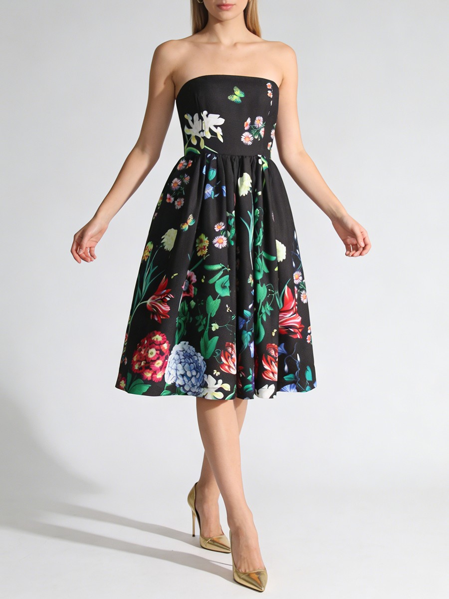 Black Printed Shirring A LINE Polyester Dress, Strapless Zipper Closure for The Modern Strapless Silhouette view 3