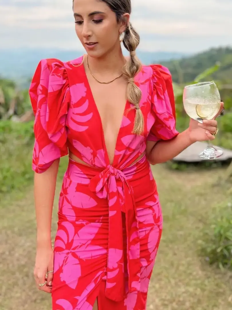 Cusuti V Neck Cut Out Print Maxi Dress with Short Sleeves