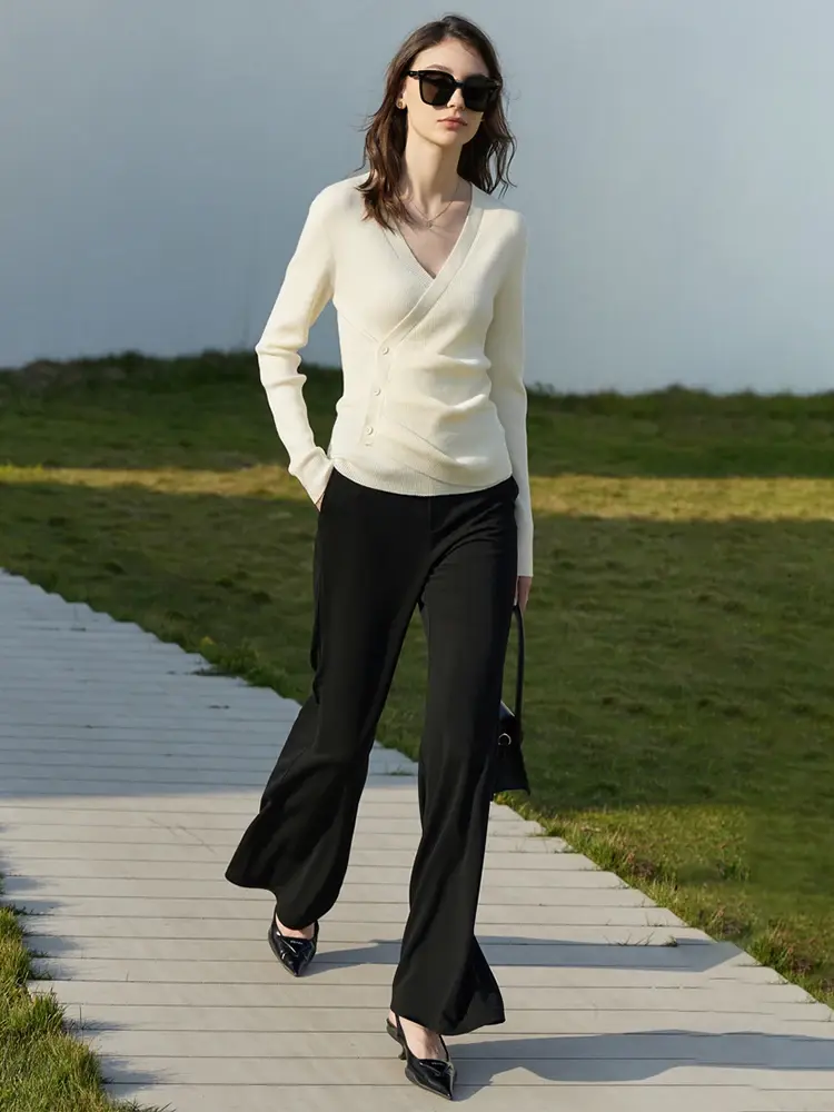 Cusuti V-Neck Shirring Knit Sweater Spring Office Casual Chic