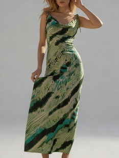 Printed Lace-Up A-Line Dress, Polyester Slim Fit Casual Ankle-Length, Green