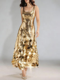 Sequined Ankle-Length A-LINE Dress, Square Neck Spaghetti Strap Gold Polyester