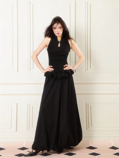 Black V-Neck Ball Gown, Solid Mid-Calf Knit Dress, Cotton Blend