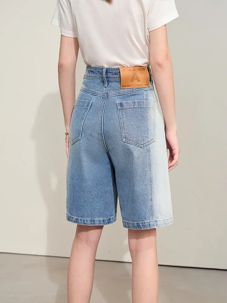 Cusuti Summer Denim Shorts High Waist Contrast Stitching Washed Casual