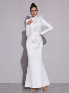 Bandage Dress, Turtleneck Long Sleeve, White Splicing Flowers, Club Party