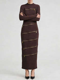 Solid A-LINE O-Neck Dresses, Zipper Decoration, Polyester Woven Fabric