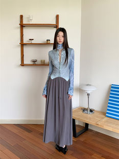 Bandage Long Sleeve Maxi Dress, Patchwork Blue Turtleneck, Knit Polyester A-Line