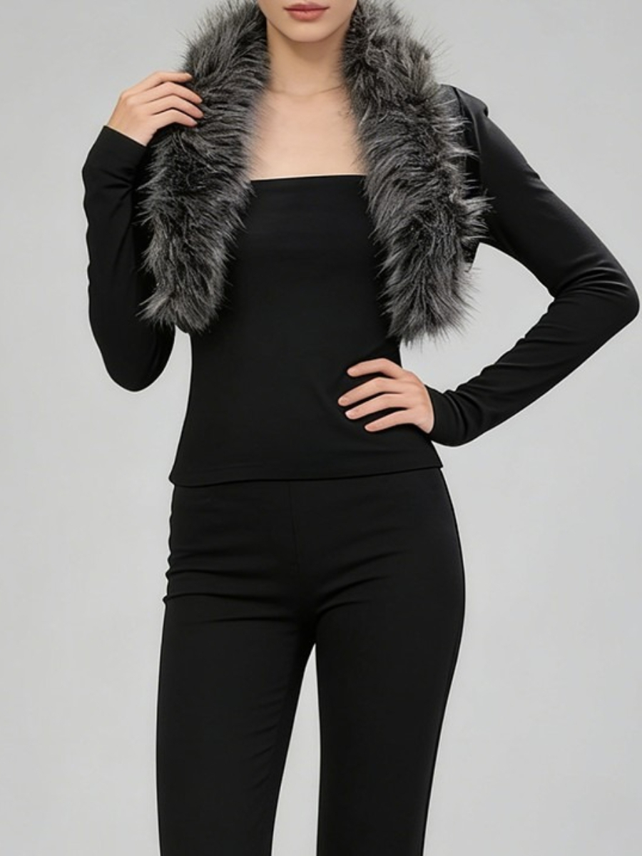 Black Fur Collar Two Piece Sets, Turn Down Collar Polyester Jacket for Black Fur Collar Two Piece Sets, Turn Down Collar Polyester Jacket view 1
