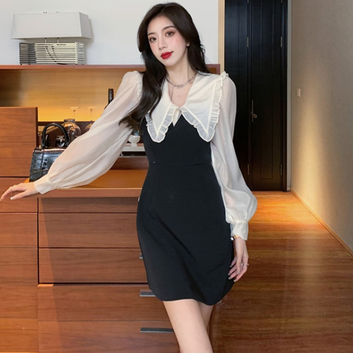 Mini Dresses, Patchwork A-Line Knit, Black Lantern Sleeve Casual Korean Style