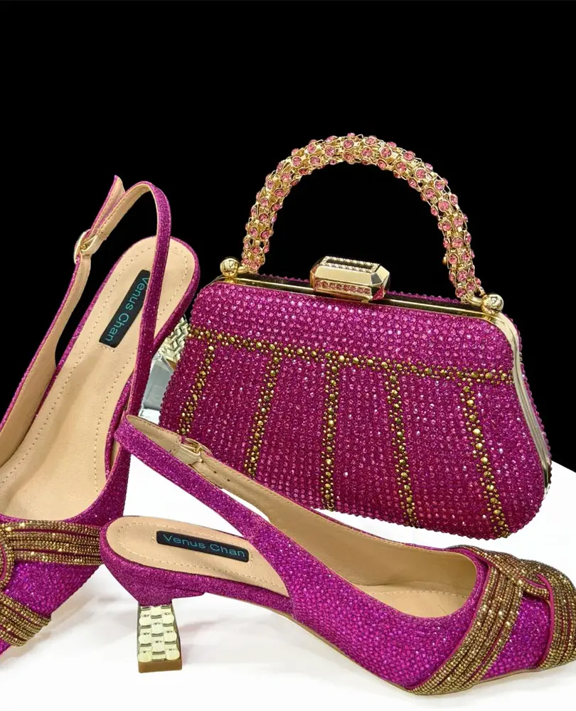 Mixed colors slingback pumps and bag set featuring a butterfly-knot detail and metal handle.