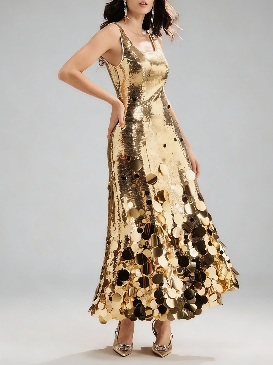 Sequined Ankle-Length A-LINE Dress, Square Neck Spaghetti Strap Gold Polyester for Sequined Ankle-Length A-LINE Dress, Square Neck Spaghetti Strap Gold Polyester - view 2