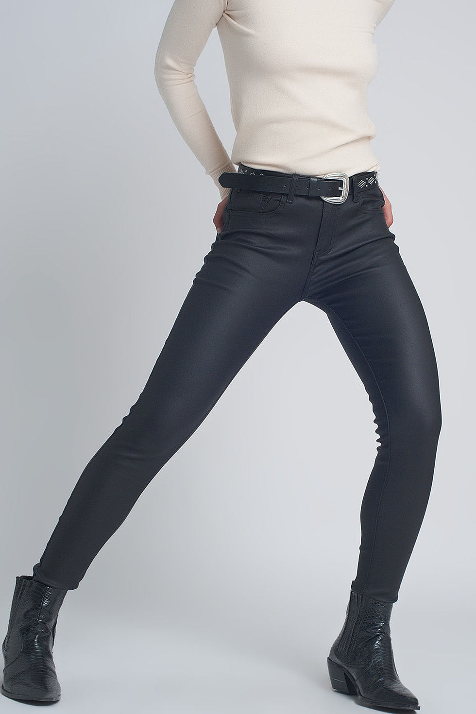 Thumbnail: Faux Leather Skinny Trousers in Black Colour