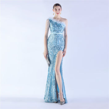 Evening Dresses, Mermaid Silhouette, One Shoulder Sequin Beaded Trumpet, Formal