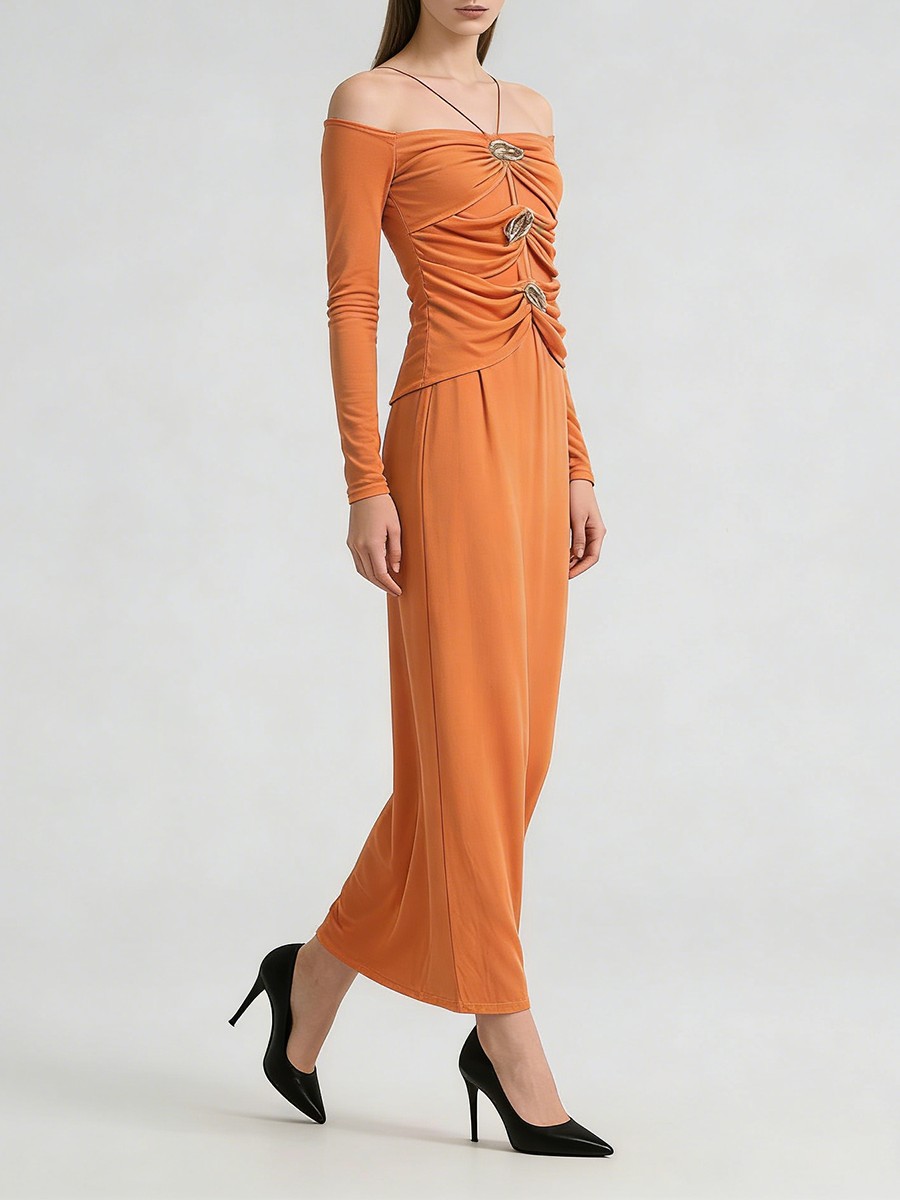 Slim Fit A Line Dress, Square Collar, Metal Flowers Decoration, Polyester Woven for Slim Fit A Line Dress, Square Collar, Metal Flowers Decoration, Polyester Woven view 2