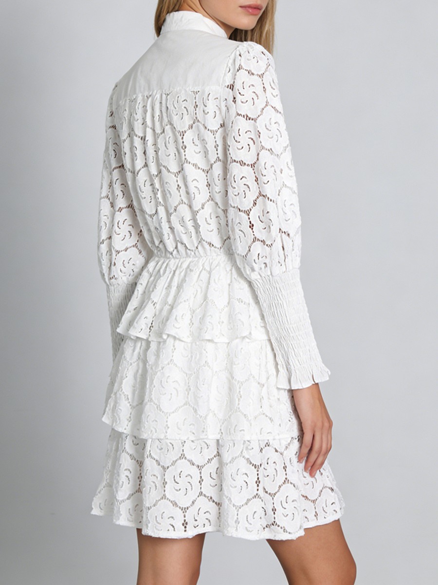 Hollow Out Mini Dress, Stand Neck A Line Polyester Dress, Tatting Ruffles for Long Sleeve A Line with Tatting view 3