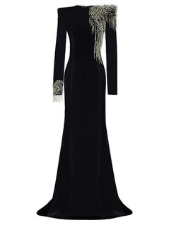 Floor Length Velvet Dress, Beaded O-Neck Trumpet Mermaid, Black Club Party