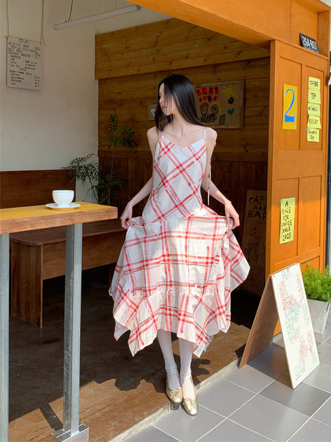 Red Plaid Mid-Calf Dress, Polyester Asymmetrical Slash Neck Pullover