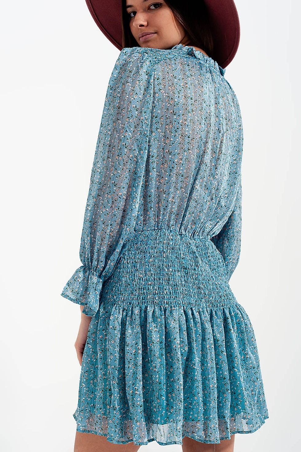 Miniature : Shirred Skirt Mini Dress With Keyhole Detail in Turquoise