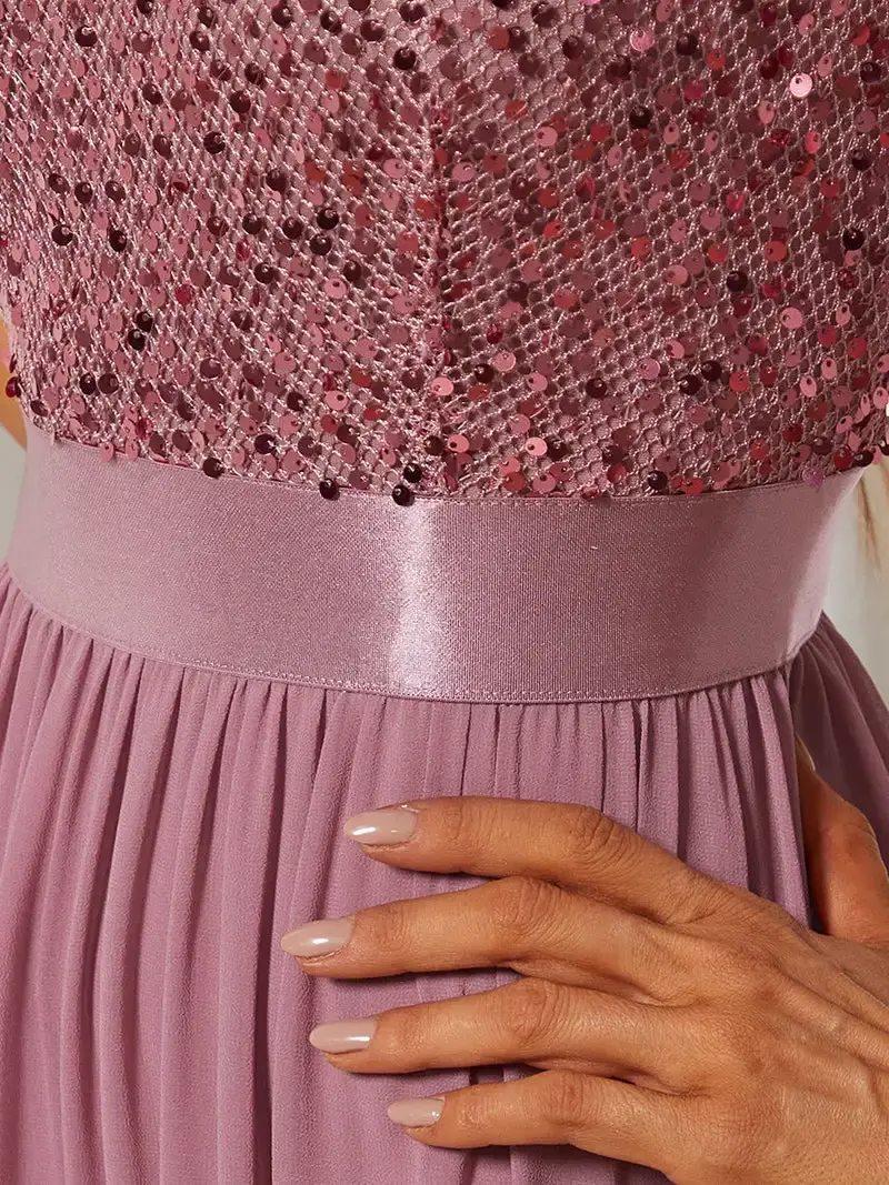 Flowing O-Neck Chiffon Dress with Exquisite Touches (Floor-Length) in luxurious chiffon