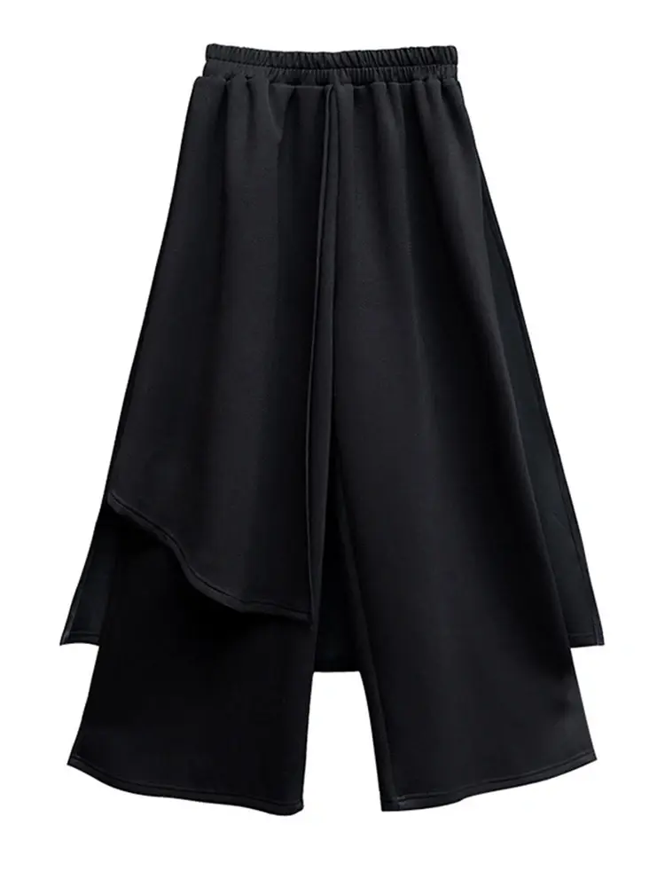 Cusuti Black jersey knit wide-leg pants with a high waist, slight stretch, elastic waist closure, hollow-out details & pocket