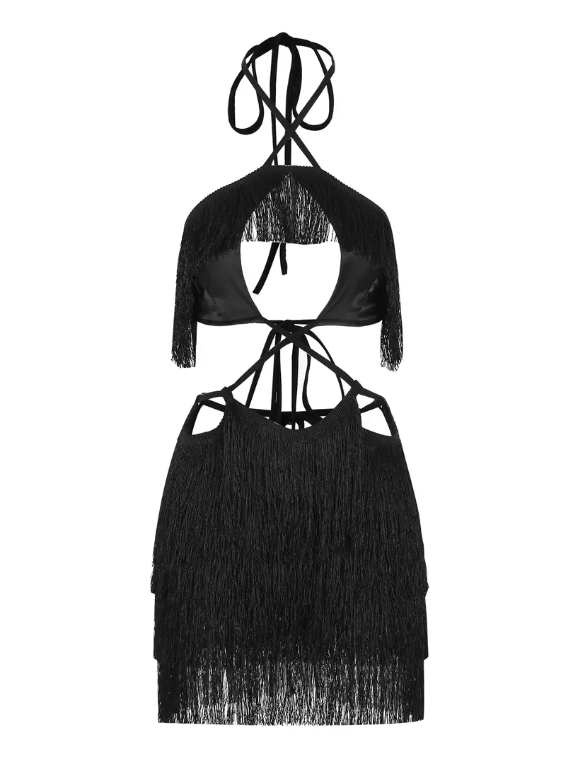 Cusuti Halter Lace Bra & Tassel Mini Skirt Set, Cut Out Beachwear Outfit