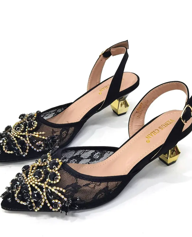 Pointed-toe slingback pumps with PU upper (various colors), high stiletto heels, butterfly detail on strap, and adjustable