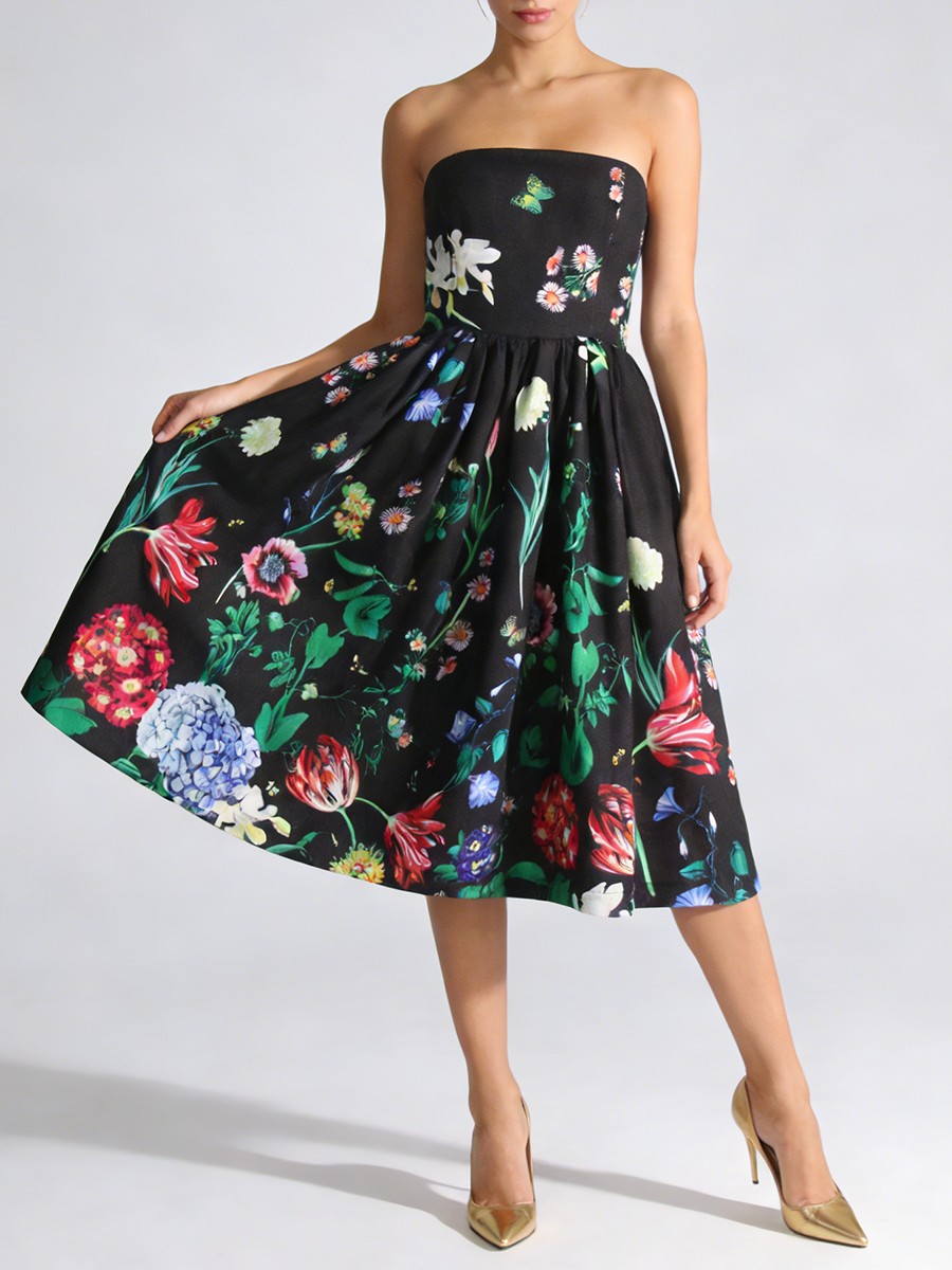 Black Printed Shirring A LINE Polyester Dress, Strapless Zipper Closure for The Modern Strapless Silhouette view 4