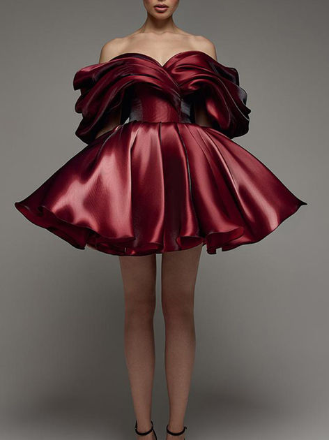 Shirring Dresses, Slash Neck Mini Dress, Polyester Woven, A-Line Silhouette