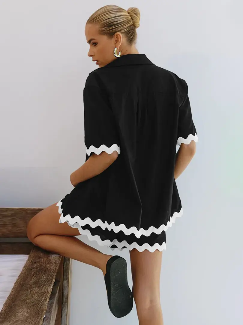 Cusuti Contrast Trim Two Piece Shorts Set | Drap Shoulder High Low Hem Short Sleeve