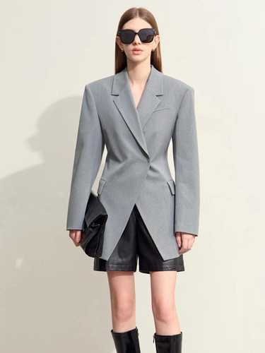 Solid Notched Collar Blazer Single Button Closure Slim Fit Long