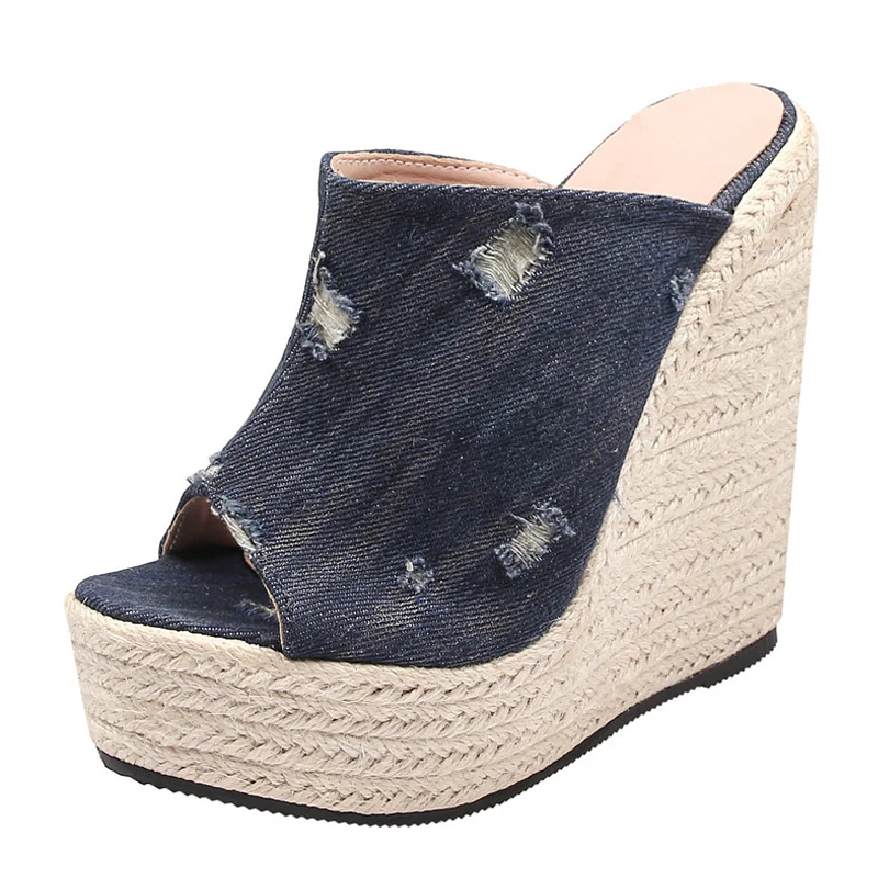 Blue Denim Upper Wedge Platform Super High Heels Mules Slides Peep Toe Casual for Blue Denim Upper Wedge Platform Super High Heels Mules Slides Peep Toe Casual view 2