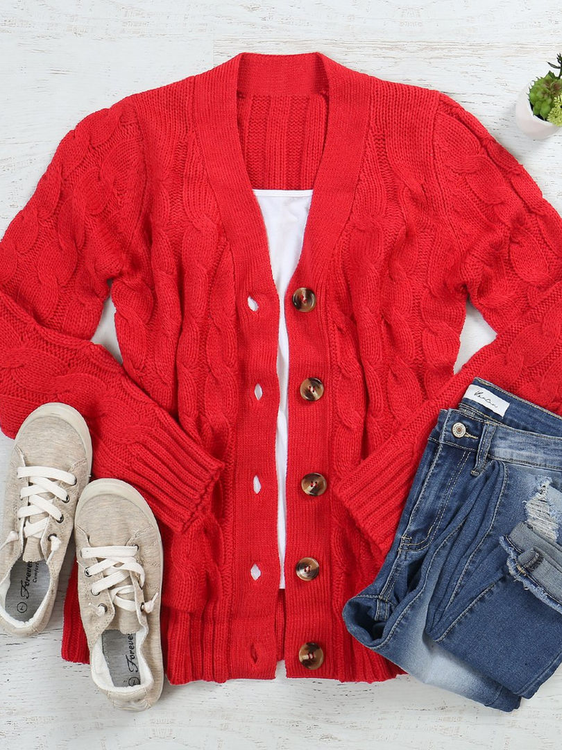 "Cozy Waffle Knit Button-Down Cardigan with V-Neckline"