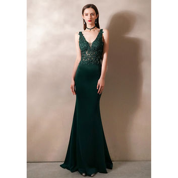 Evening Dresses, Mermaid V-Neck Formal Gown, Satin Appliques Sequined